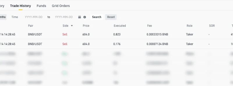 币安官方帮助页中的现货历史成交界面示例:两笔 BNB/USDT 卖出成交分别列出 Fee 和 Taker 角色;其他记录已模糊