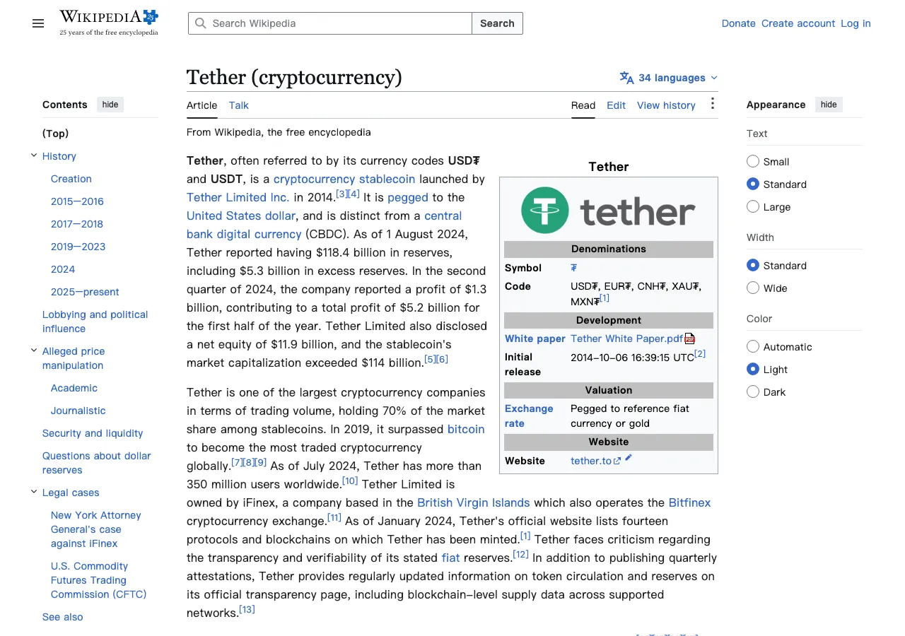 维基百科 Tether（USDT）条目：稳定币多协议发行背景（公开资料截图）