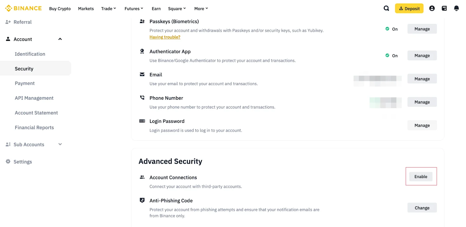 Binance Help Center screenshot of the Account Security page on the website: the left menu lists Identification, Security, Payment and API Management, and the Advanced Security section at the bottom shows an Anti-Phishing Code row